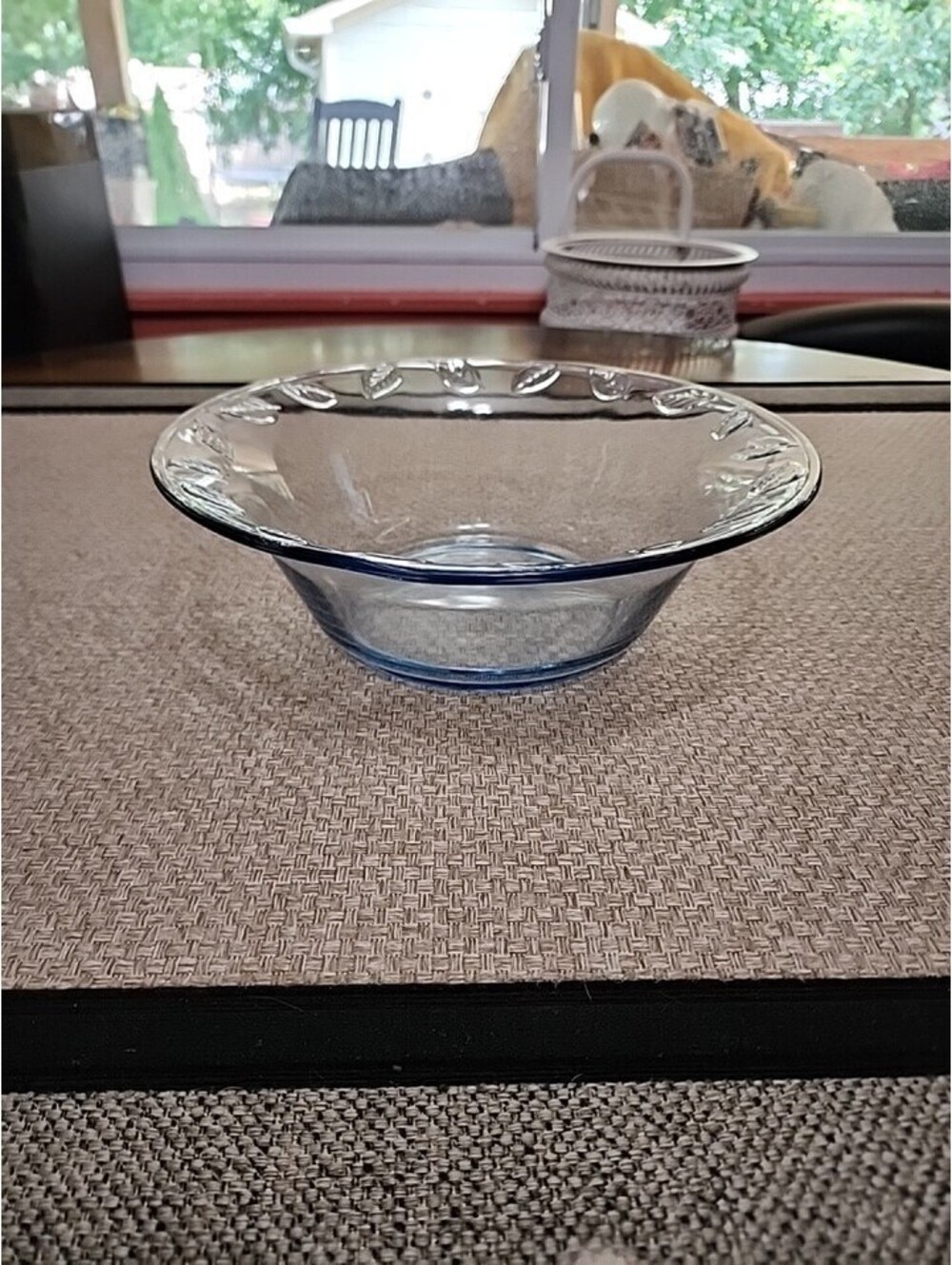 Blue Glass Serving Bowl w/Leaf Pattern Rim